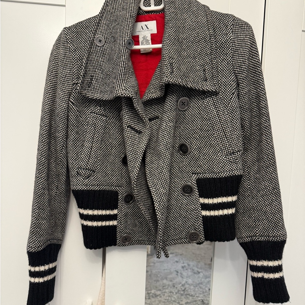 A/X Armani Exchange Black and White Houndstooth Coat with Red Interior